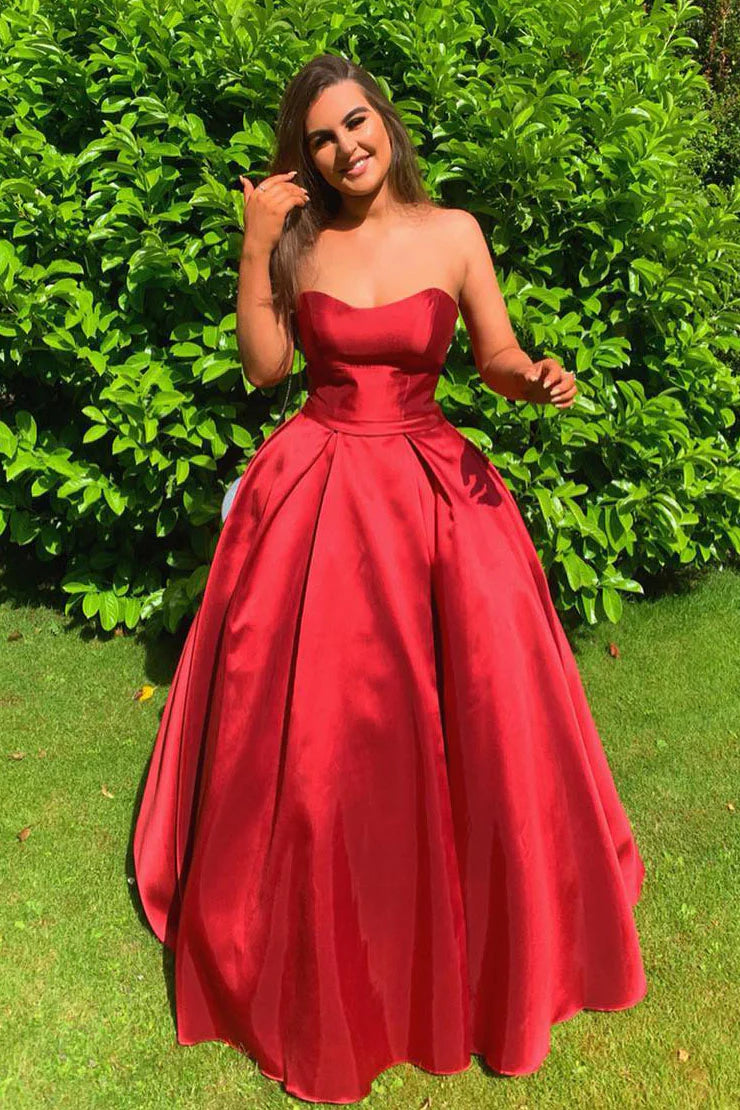 Formal Wear Dresses/Simple Empire Strapless Red Satin Long Prom Dress